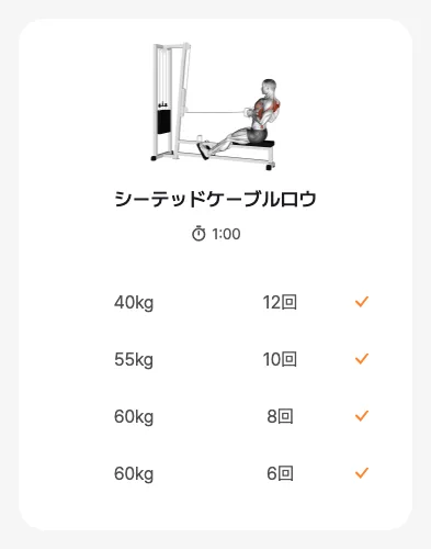 アプリのトレーニングルーティン完了記録カード — セットごとの重量・回数のみが表示